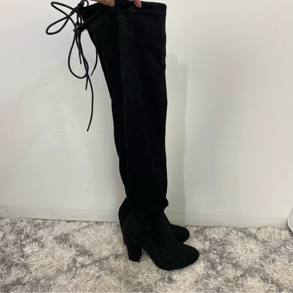Fashion Nova black faux suede tall knee high adjustable heeled boots minimalist